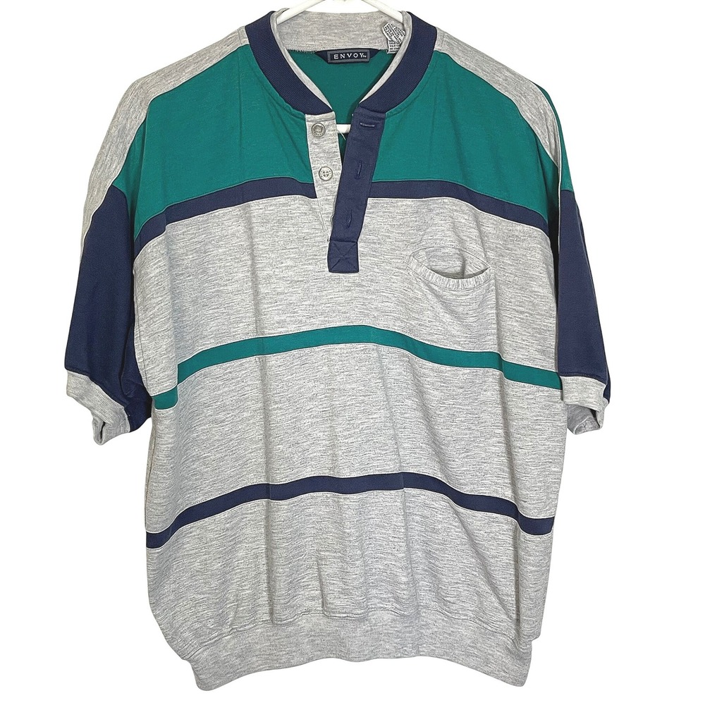 Envoy Large Grey Teal Henley Sweatshirt Colorblock Striped 90s Retro Granddad